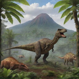 A lush prehistoric Jurassic landscape, filled with towering ferns, colossal trees, active volcanoes in the distance, and diverse dinosaurs roaming freely in their natural habitat.