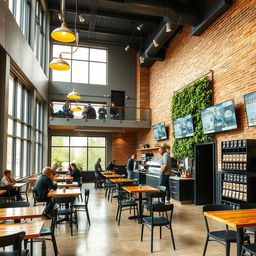 A cozy cafeteria with a mezzanine, featuring large, high windows allowing natural light to flood in