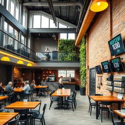 A cozy cafeteria with a mezzanine, featuring large, high windows allowing natural light to flood in