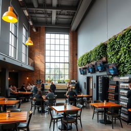 A cozy cafeteria with a mezzanine, featuring large, high windows allowing natural light to flood in