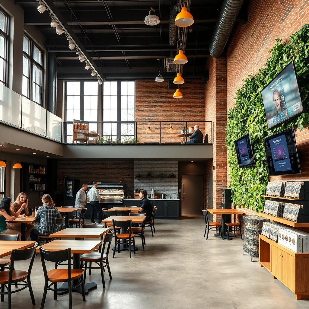 A cozy cafeteria with a mezzanine, featuring large, high windows allowing natural light to flood in