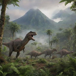 A lush prehistoric Jurassic landscape, filled with towering ferns, colossal trees, active volcanoes in the distance, and diverse dinosaurs roaming freely in their natural habitat.