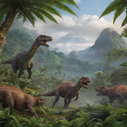 A lush prehistoric Jurassic landscape, filled with towering ferns, colossal trees, active volcanoes in the distance, and diverse dinosaurs roaming freely in their natural habitat.