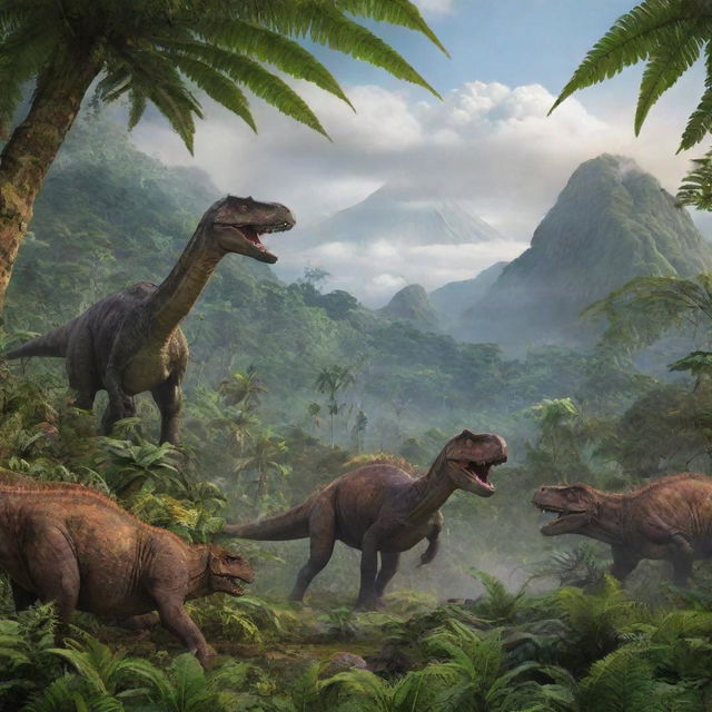 A lush prehistoric Jurassic landscape, filled with towering ferns, colossal trees, active volcanoes in the distance, and diverse dinosaurs roaming freely in their natural habitat.