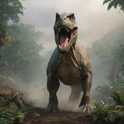 In the lush, dense Jurassic landscape, a massive, formidable Tyrannosaurus Rex suddenly emerges, its imposing figure dominating the scene, causing the lesser creatures to scatter in fear.