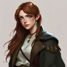 A realistic D&D style illustration of Velick, a rogue character depicted from the torso up