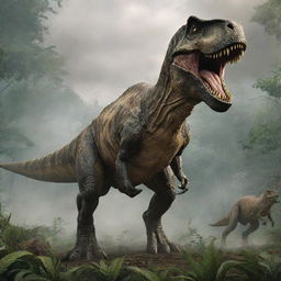 In the lush, dense Jurassic landscape, a massive, formidable Tyrannosaurus Rex suddenly emerges, its imposing figure dominating the scene, causing the lesser creatures to scatter in fear.