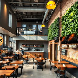 A cozy cafeteria with a mezzanine, featuring abundant natural light