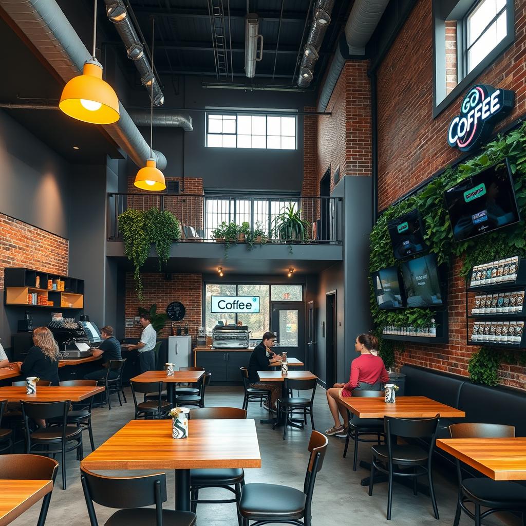 A cozy cafeteria with a mezzanine, featuring abundant natural light