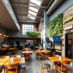 A cozy cafeteria with a mezzanine, featuring abundant natural light