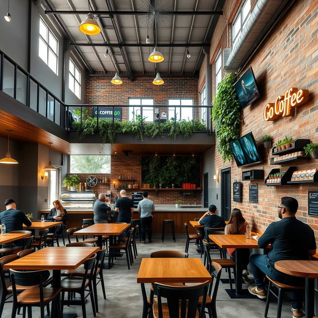 A cozy cafeteria with a mezzanine, featuring abundant natural light