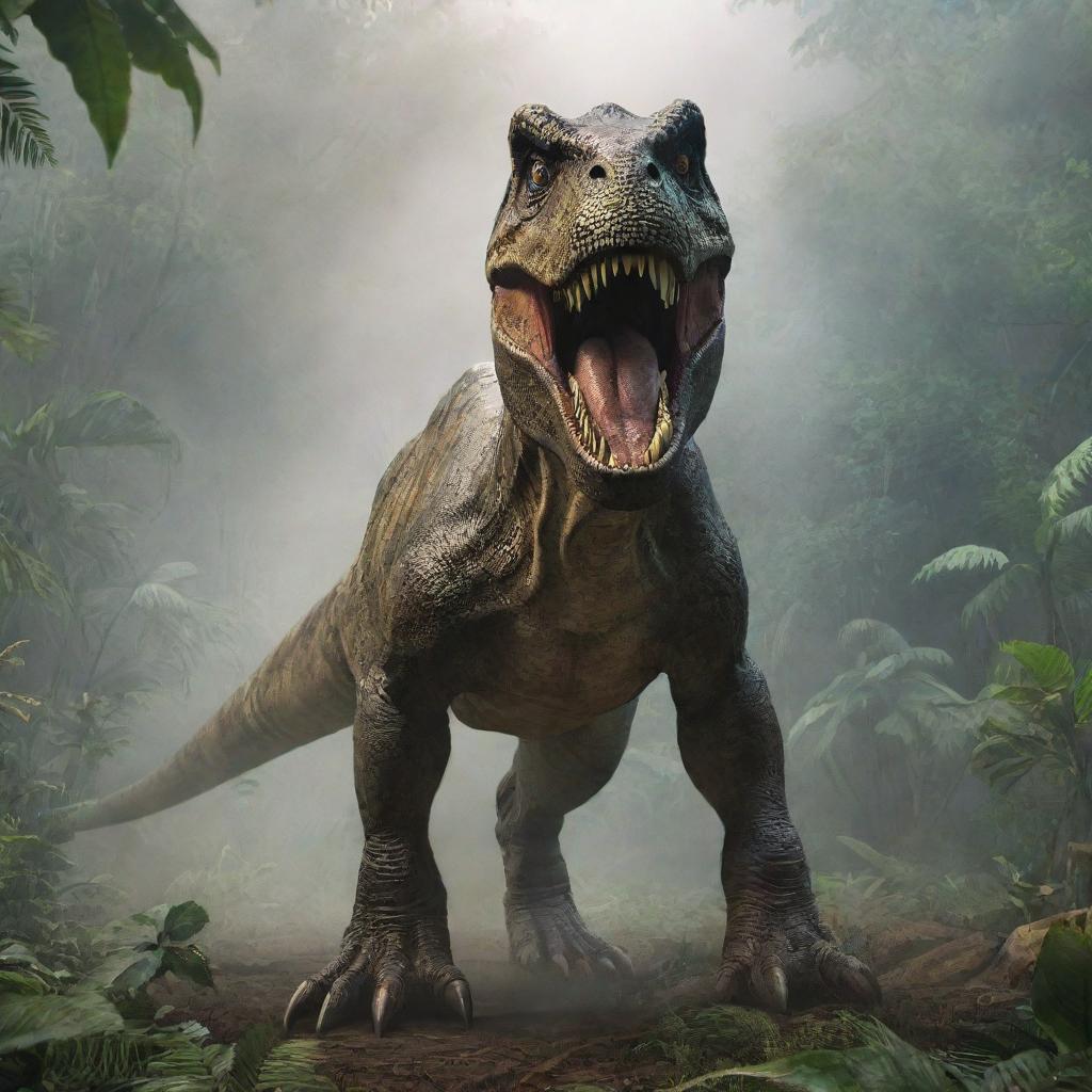 In the lush, dense Jurassic landscape, a massive, formidable Tyrannosaurus Rex suddenly emerges, its imposing figure dominating the scene, causing the lesser creatures to scatter in fear.