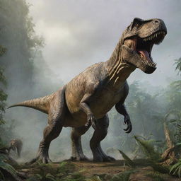 In the lush, dense Jurassic landscape, a massive, formidable Tyrannosaurus Rex suddenly emerges, its imposing figure dominating the scene, causing the lesser creatures to scatter in fear.