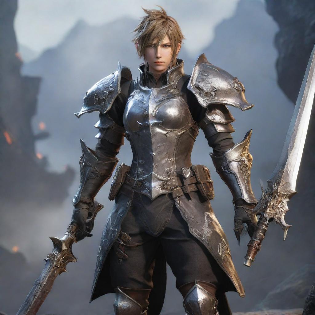 Create a detailed, visually striking image of a Final Fantasy XIV character, featuring distinctive armor, magical weapons, and embodying the rich aesthetic of the game.