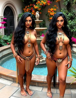 Two beautiful Indian ladies with long, luxurious black hair and radiant honey-colored skin, standing confidently naked in an enchanting courtyard garden adjacent to a captivating water feature that includes a flowing fountain