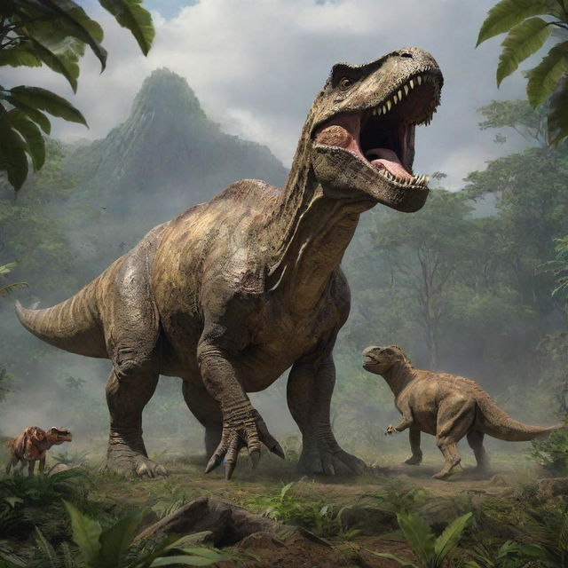 In the Jurassic landscape, the fearsome Tyrannosaurus Rex towers over a defeated Triceratops, commencing its meal amid the rustle of the lush prehistoric flora.