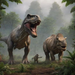 In the Jurassic landscape, the fearsome Tyrannosaurus Rex towers over a defeated Triceratops, commencing its meal amid the rustle of the lush prehistoric flora.