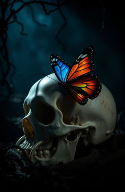 A striking image featuring a butterfly gracefully resting on a human skull