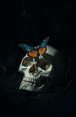 A striking image featuring a butterfly gracefully resting on a human skull