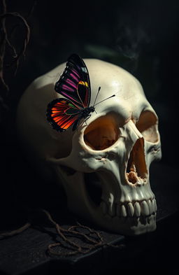 A striking image featuring a butterfly gracefully resting on a human skull