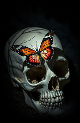 A striking image featuring a butterfly gracefully resting on a human skull