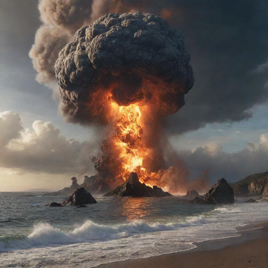 In the tension-filled Jurassic scene, a massive meteor suddenly crashes into the nearby sea, causing a monumental explosion and a spectacular spray of water and debris, momentarily silhouetting the prehistoric giants.