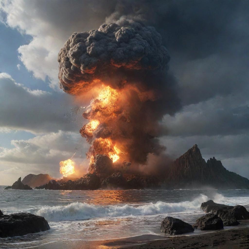 In the tension-filled Jurassic scene, a massive meteor suddenly crashes into the nearby sea, causing a monumental explosion and a spectacular spray of water and debris, momentarily silhouetting the prehistoric giants.