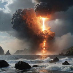 In the tension-filled Jurassic scene, a massive meteor suddenly crashes into the nearby sea, causing a monumental explosion and a spectacular spray of water and debris, momentarily silhouetting the prehistoric giants.