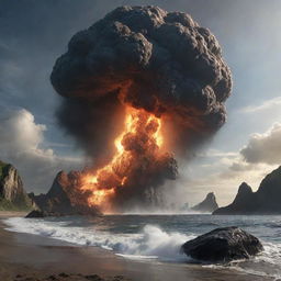 In the tension-filled Jurassic scene, a massive meteor suddenly crashes into the nearby sea, causing a monumental explosion and a spectacular spray of water and debris, momentarily silhouetting the prehistoric giants.