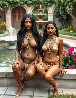 A beautiful mother, aged 43, and her 23-year-old daughter, both with long, flowing black hair and radiant honey-colored skin, sit elegantly on a low wall, fully naked in a picturesque courtyard garden beside a charming water feature featuring a fountain