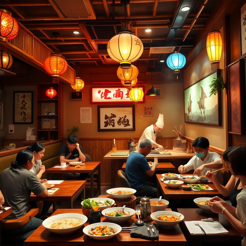 A cozy and inviting Asian restaurant named 'Kung Food' with warm ambient lighting