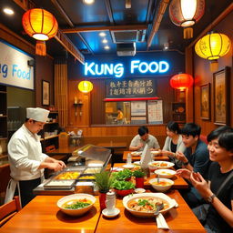 A cozy and inviting Asian restaurant named 'Kung Food' with warm ambient lighting