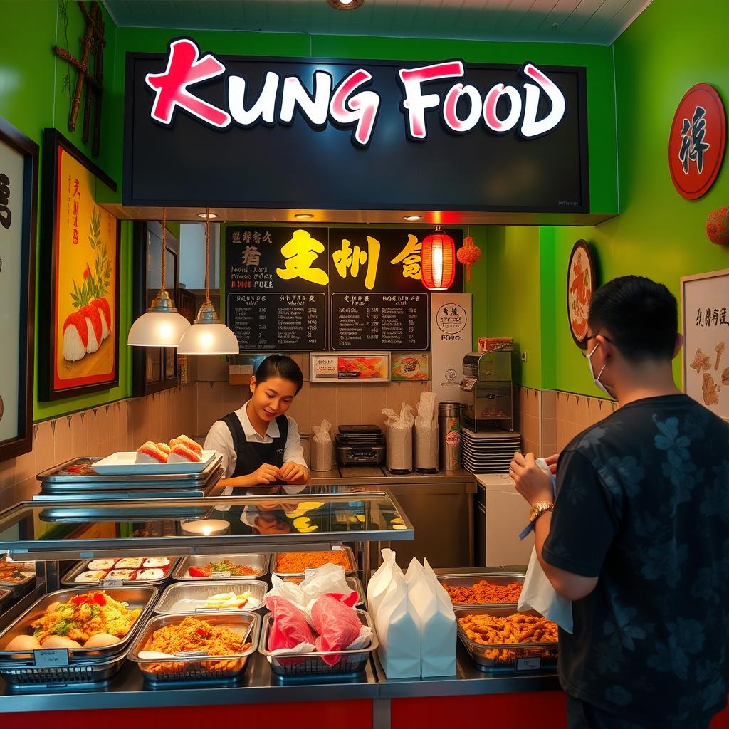 A small and cozy Asian takeout restaurant named 'Kung Food,' designed for takeaway orders