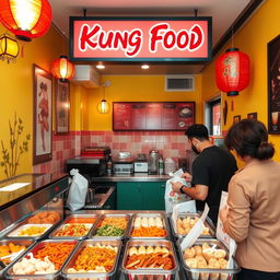 A small and cozy Asian takeout restaurant named 'Kung Food,' designed for takeaway orders