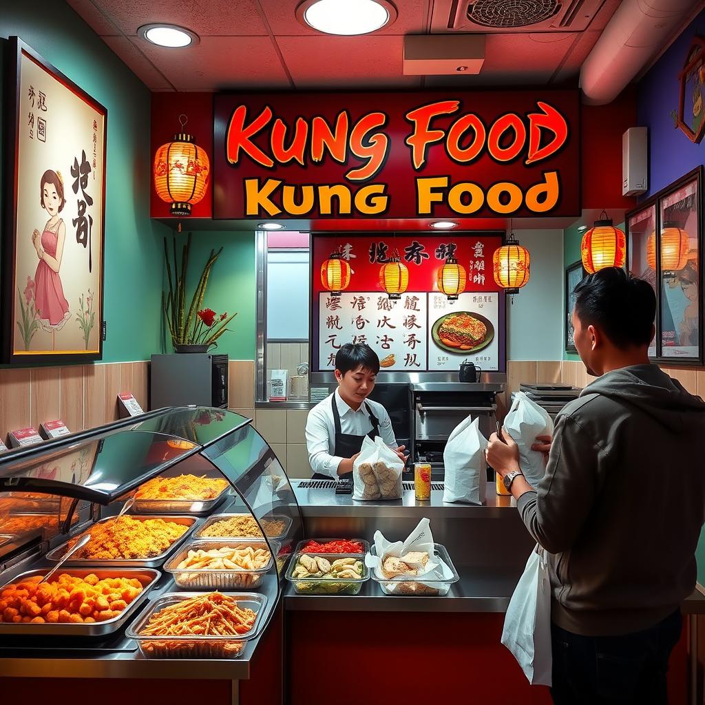 A small and cozy Asian takeout restaurant named 'Kung Food,' designed for takeaway orders