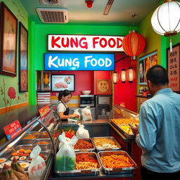 A small and cozy Asian takeout restaurant named 'Kung Food,' designed for takeaway orders