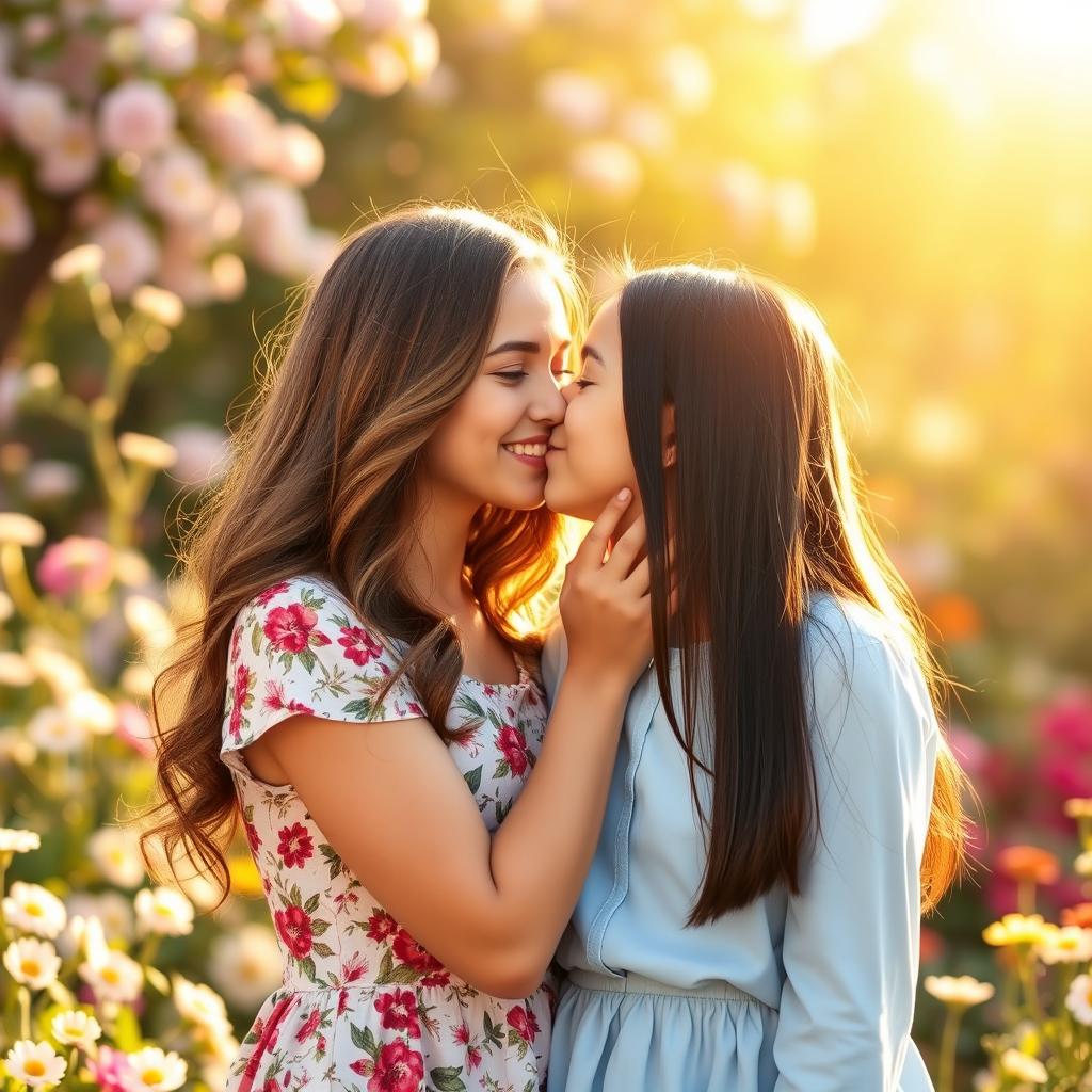 A beautiful and affectionate moment between two sisters sharing a sweet kiss on the cheek