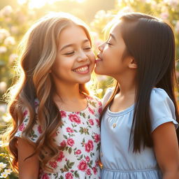 A beautiful and affectionate moment between two sisters sharing a sweet kiss on the cheek