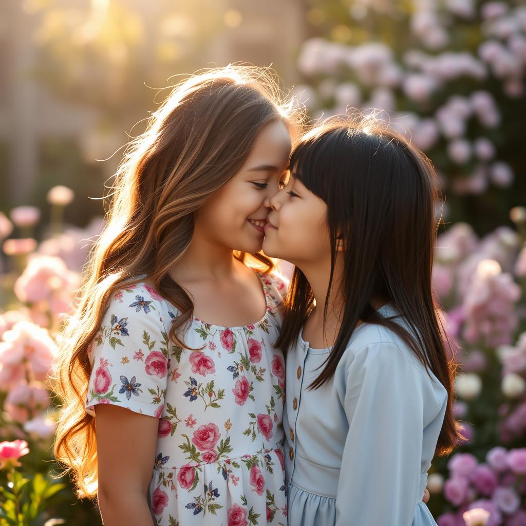 A beautiful and affectionate moment between two sisters sharing a sweet kiss on the cheek