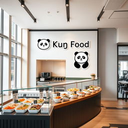 A modern and stylish Asian takeout restaurant designed for takeaway, named 'Kung Food' prominently displayed with a sleek logo