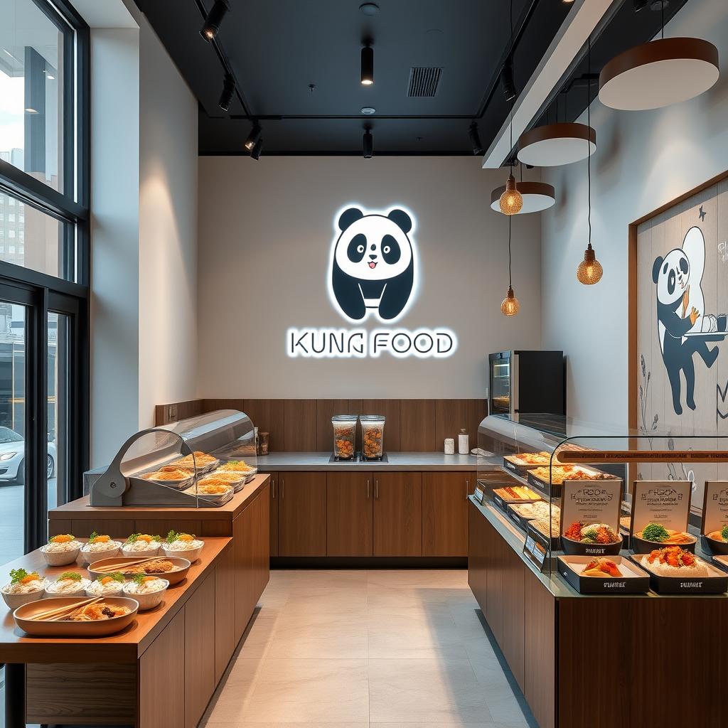 A modern and stylish Asian takeout restaurant designed for takeaway, named 'Kung Food' prominently displayed with a sleek logo