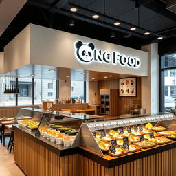 A modern and stylish Asian takeout restaurant designed for takeaway, named 'Kung Food' prominently displayed with a sleek logo