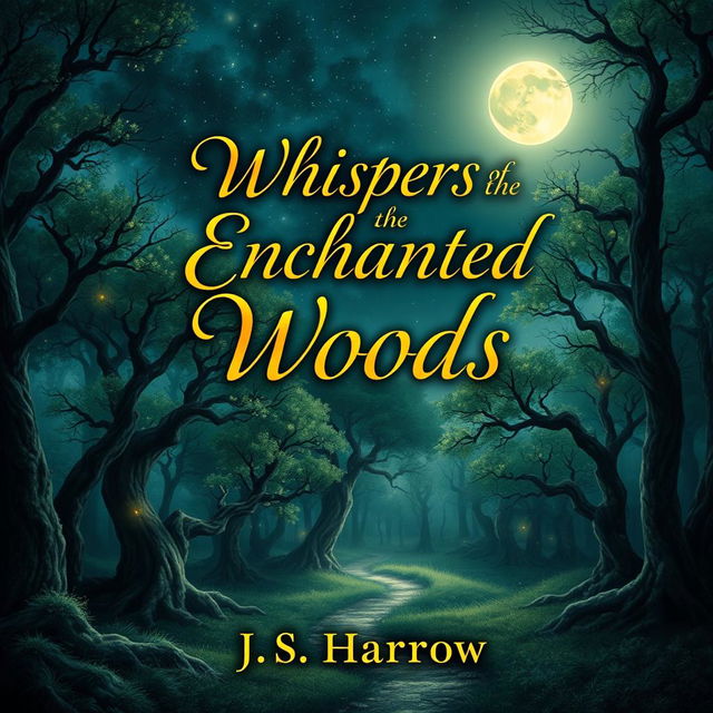 A captivating full book cover design featuring a mystical forest landscape under a starlit sky