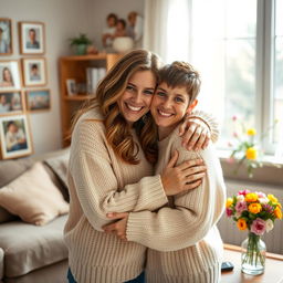 A warm, intimate scene of two sisters embracing each other with smiles, surrounded by soft natural light in a cozy living room