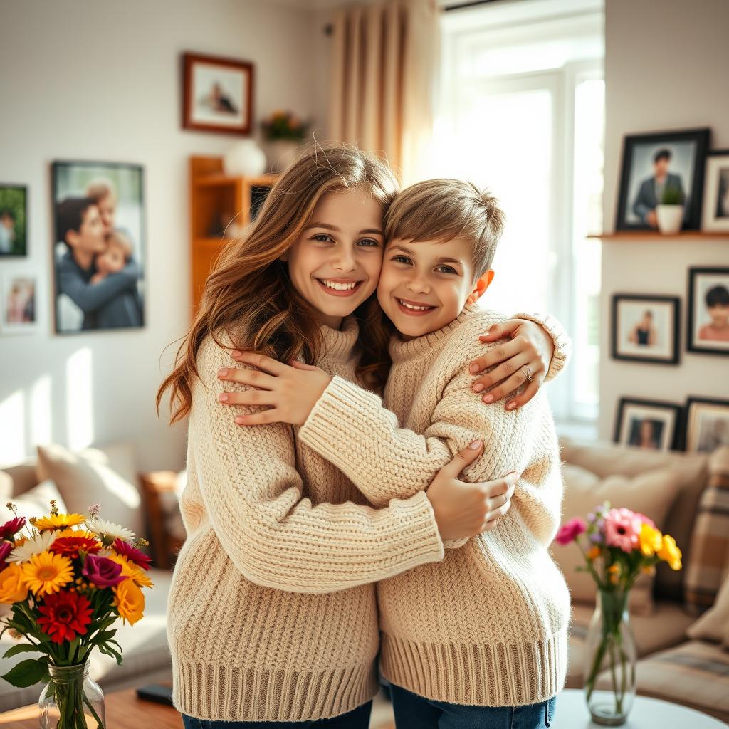 A warm, intimate scene of two sisters embracing each other with smiles, surrounded by soft natural light in a cozy living room