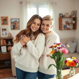 A warm, intimate scene of two sisters embracing each other with smiles, surrounded by soft natural light in a cozy living room