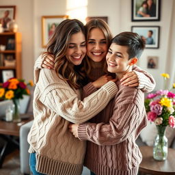 A warm, intimate scene of two sisters embracing each other with smiles, surrounded by soft natural light in a cozy living room