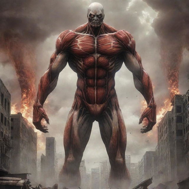 A towering Colossal Titan from Attack on Titan, standing among broken cityscape with its intimidating, muscular body, skeletal-like face, and steam rising off its burning, skinless form.