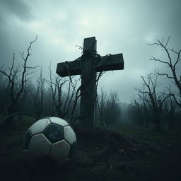 An eerie scene featuring a soccer ball placed on the ground next to a large, ominous cross