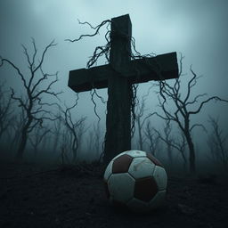 An eerie scene featuring a soccer ball placed on the ground next to a large, ominous cross